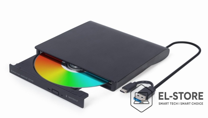 Nagrywarka DVD Gembird Slim USB 3.1 Type-C – czarna, smukła obudowa z wysuwaną tacką i podwójnym złączem USB-C/USB-A, akcesorium do laptopa i PC | El-Store Polska